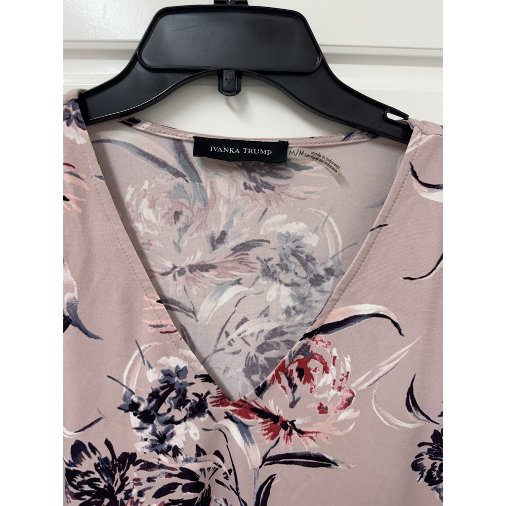 Ivanka Trump Floral V-Neck Blouse Mauve Side Tie Long Sleeve Top Medium